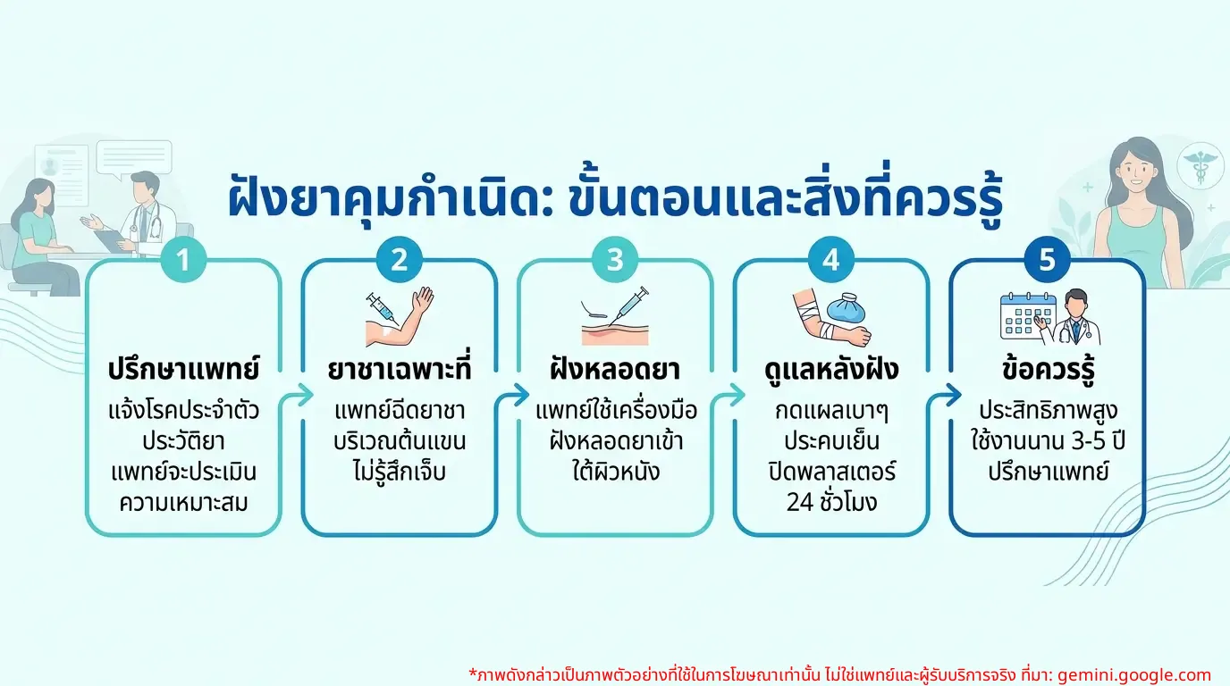 อินโฟกราฟิกแสดงขั้นตอนการฝังยาคุมกำเนิดและข้อควรรู้
