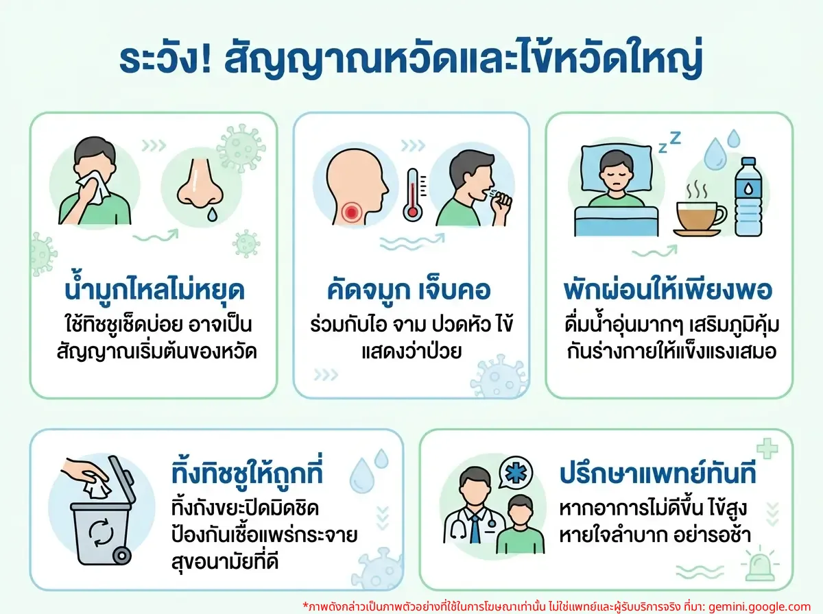 หญิงสาวกำลังใช้กระดาษทิชชูเช็ดจมูกที่มีน้ำมูกไหล แสดงถึงอาการหวัดหรือไข้หวัดใหญ่