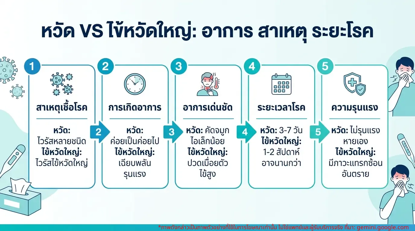 ตารางเปรียบเทียบอาการของโรคหวัดและไข้หวัดใหญ่ รวมถึงสาเหตุ อาการเด่น และระยะเวลาของโรค