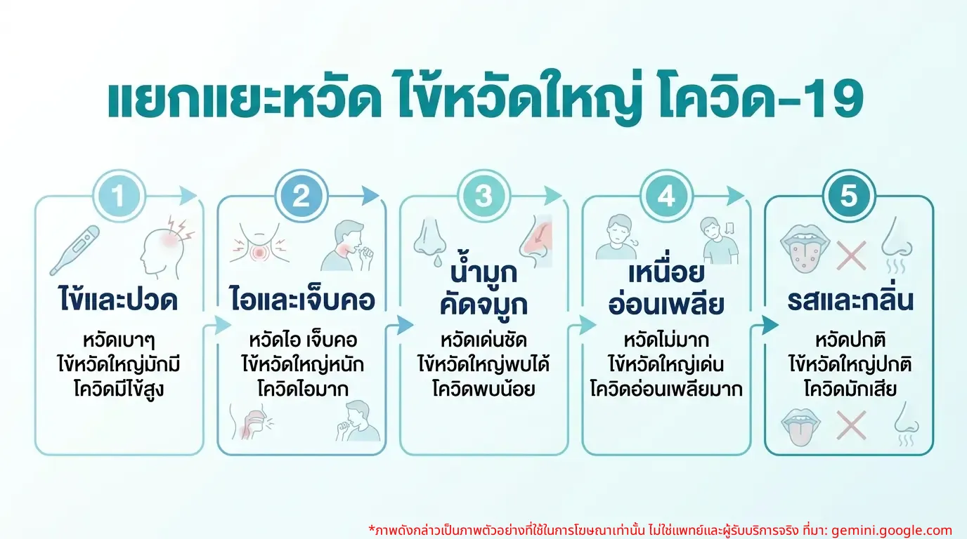 อินโฟกราฟิกเปรียบเทียบอาการของโรคหวัดทั่วไป ไข้หวัดใหญ่ และโควิด-19 เพื่อช่วยแยกแยะ