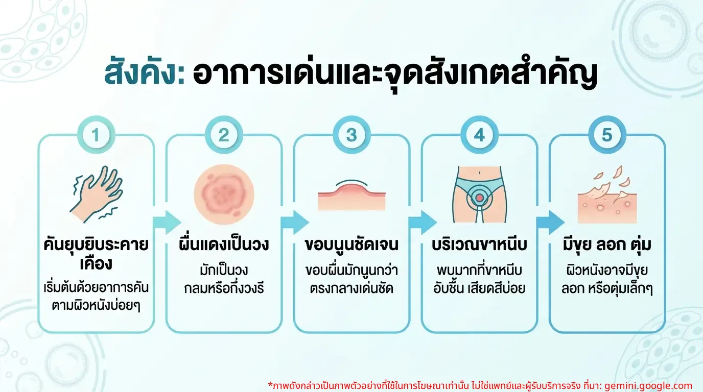 อินโฟกราฟิกอาการของสังคังและตำแหน่งที่พบได้บ่อย