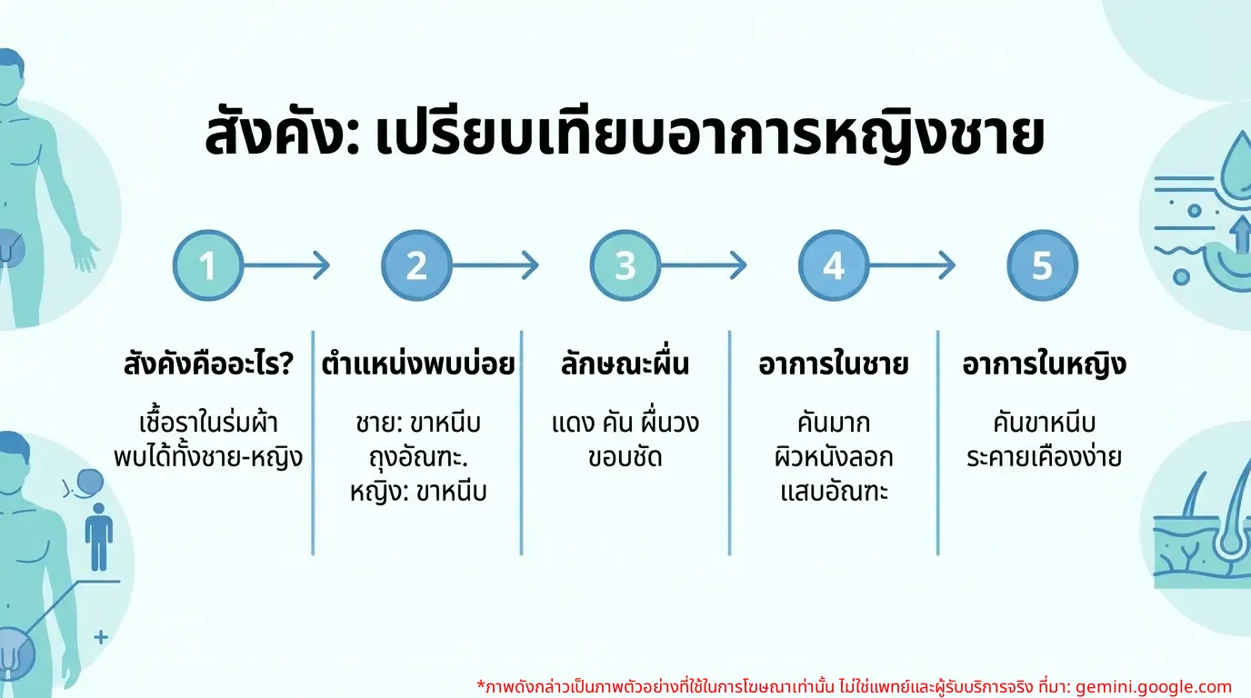 อินโฟกราฟิกเปรียบเทียบอาการสังคังในผู้หญิงและผู้ชาย