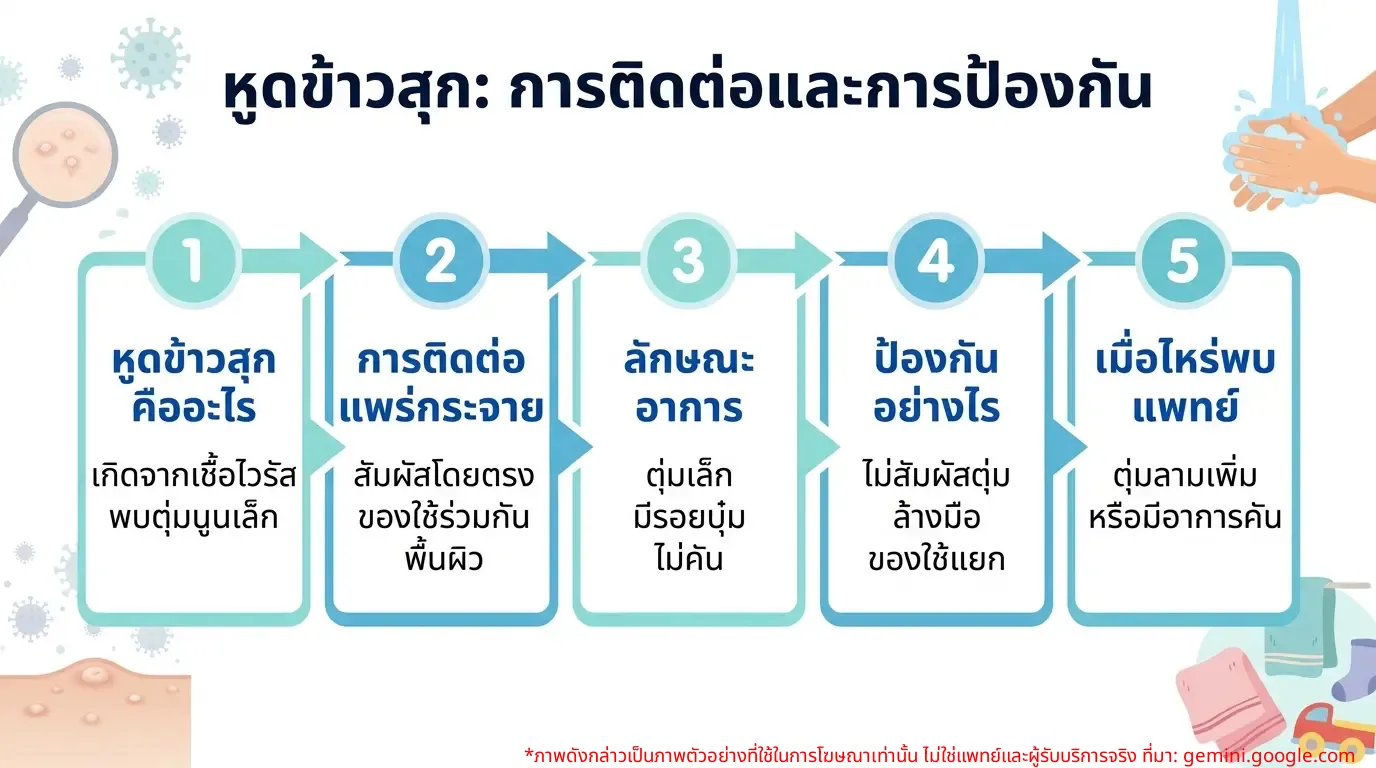อินโฟกราฟิกแสดงวิธีการติดต่อและป้องกันหูดข้าวสุก