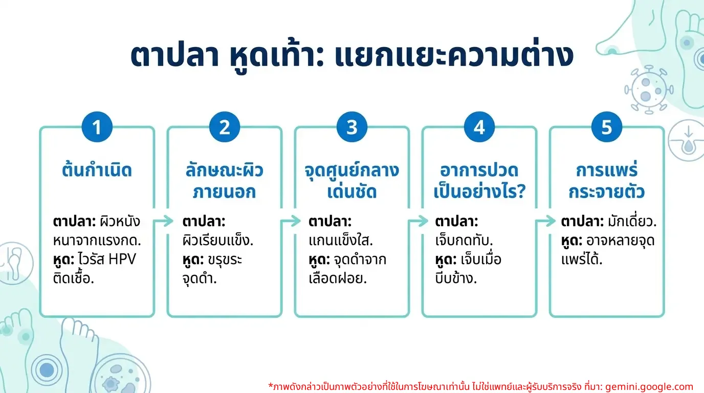 อินโฟกราฟิกเปรียบเทียบความแตกต่างระหว่างตาปลากับหูดที่เท้า