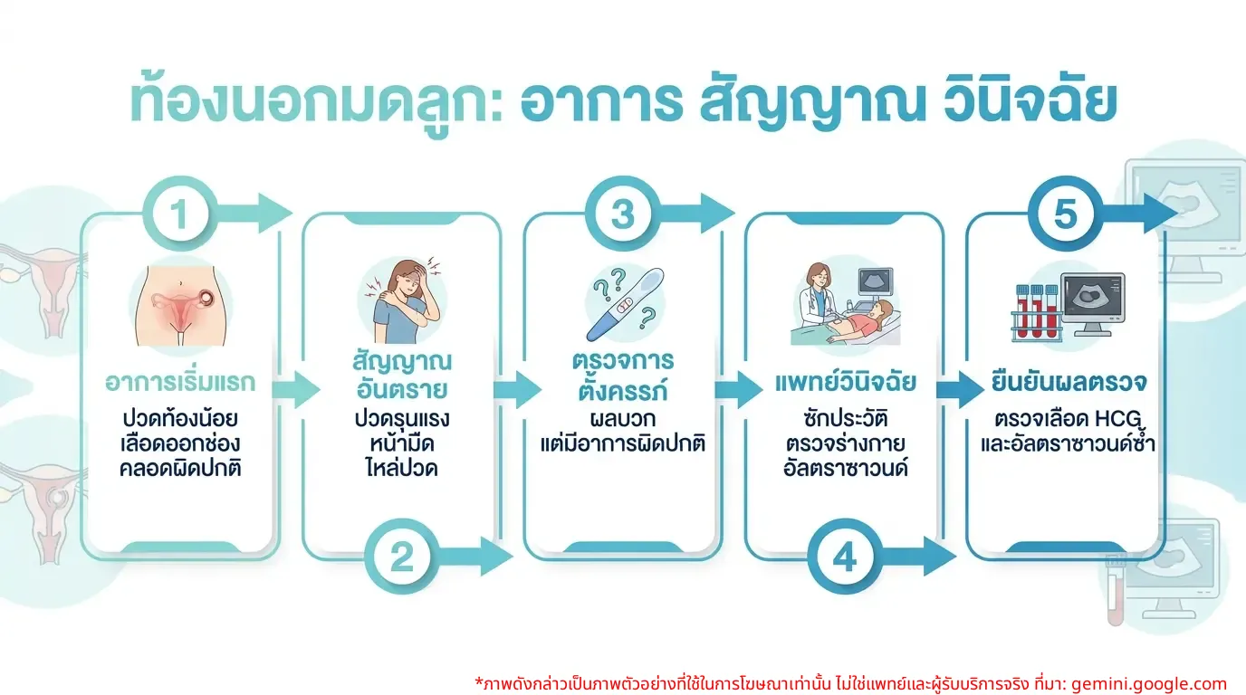 อินโฟกราฟิกอาการ สัญญาณ และวิธีการวินิจฉัยท้องนอกมดลูก