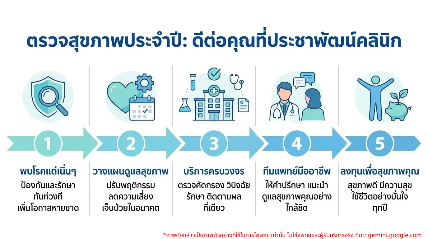 อินโฟกราฟิกประโยชน์ของการตรวจสุขภาพประจำปีและบริการที่ประชาพัฒน์คลินิกเวชกรรม