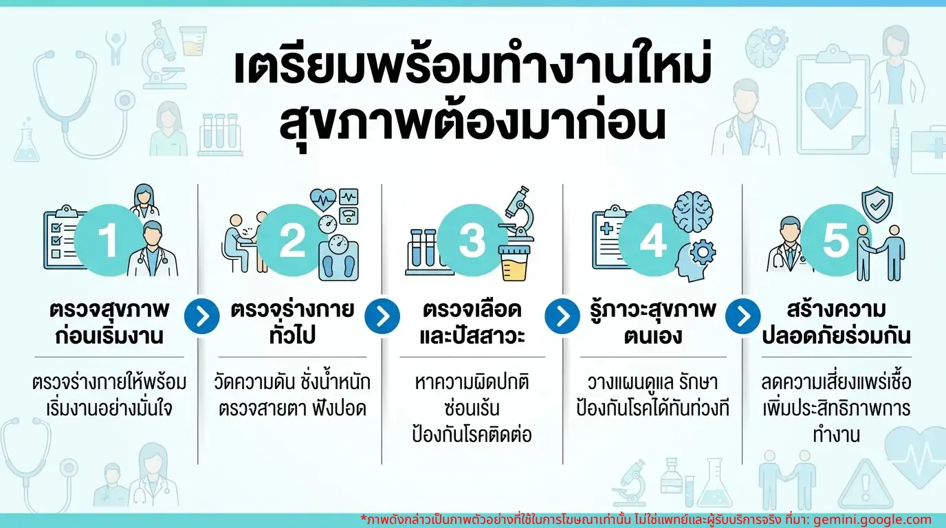 อินโฟกราฟิกแสดงรายการตรวจสุขภาพเบื้องต้นก่อนเริ่มงานและประโยชน์
