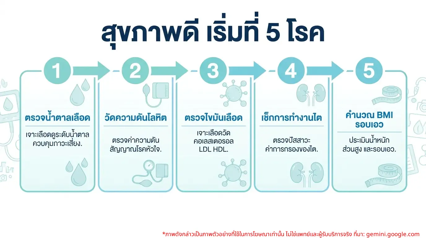 อินโฟกราฟิกแสดงรายการตรวจสุขภาพเบื้องต้นที่เกี่ยวข้องกับ 5 โรค