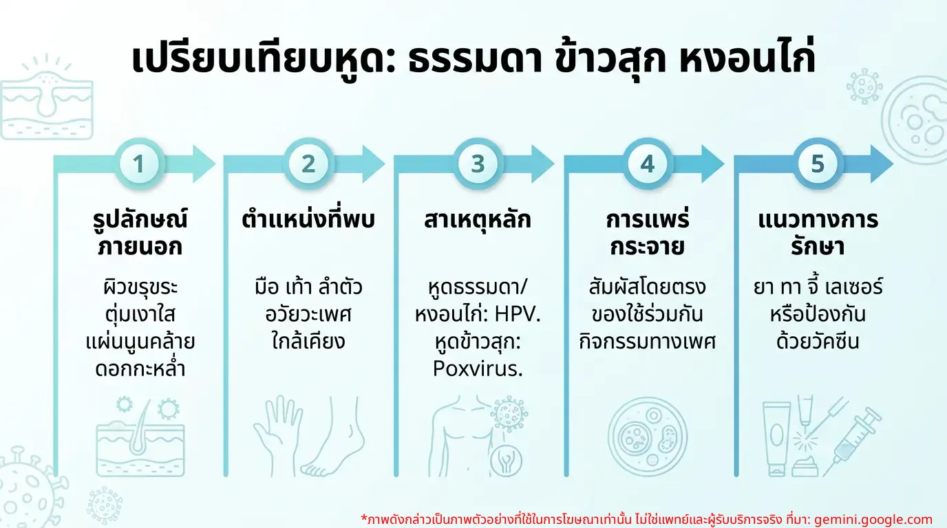 อินโฟกราฟิกเปรียบเทียบความแตกต่างระหว่างหูดธรรมดา หูดข้าวสุก และหูดหงอนไก่